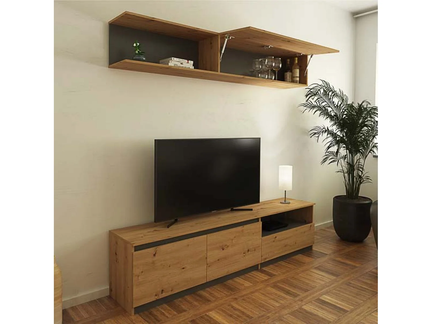 Mueble de TV de Diseño + Modulo Alto de Almacenamiento y 2 Puertas,Roble y Gris 85 cm(Alto) x 200cm (Ancho) x 40cm (Fondo)