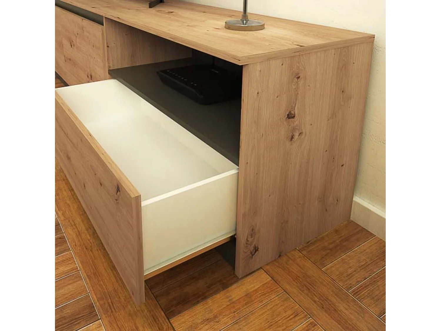 Mueble de TV de Diseño + Modulo Alto de Almacenamiento y 2 Puertas,Roble y Gris 85 cm(Alto) x 200cm (Ancho) x 40cm (Fondo)