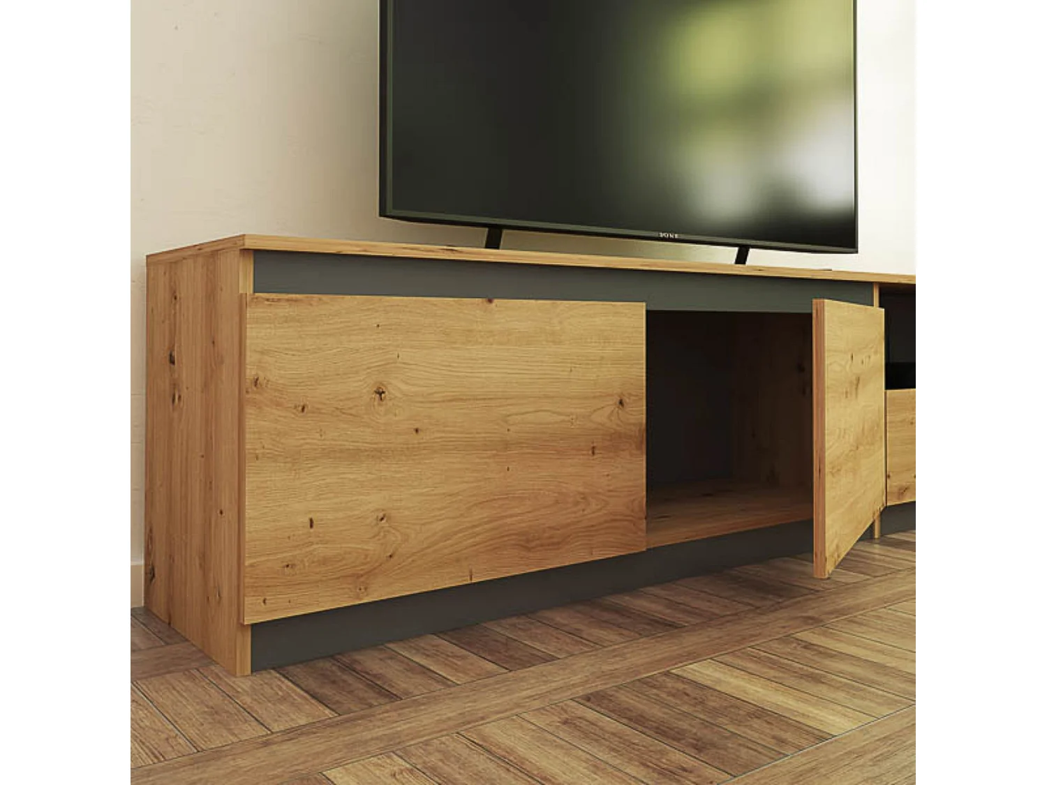 Mueble de TV de Diseño + Modulo Alto de Almacenamiento y 2 Puertas,Roble y Gris 85 cm(Alto) x 200cm (Ancho) x 40cm (Fondo)