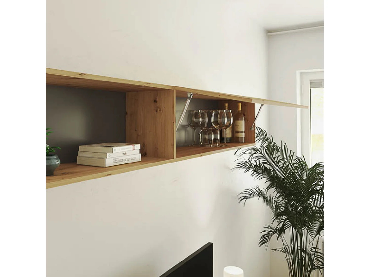 Mueble de TV de Diseño + Modulo Alto de Almacenamiento y 2 Puertas,Roble y Gris 85 cm(Alto) x 200cm (Ancho) x 40cm (Fondo)