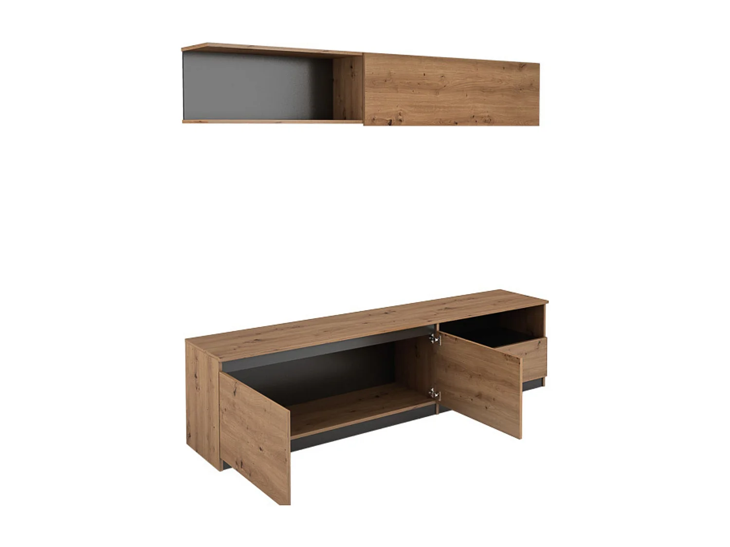 Mueble de TV de Diseño + Modulo Alto de Almacenamiento y 2 Puertas,Roble y Gris 85 cm(Alto) x 200cm (Ancho) x 40cm (Fondo)