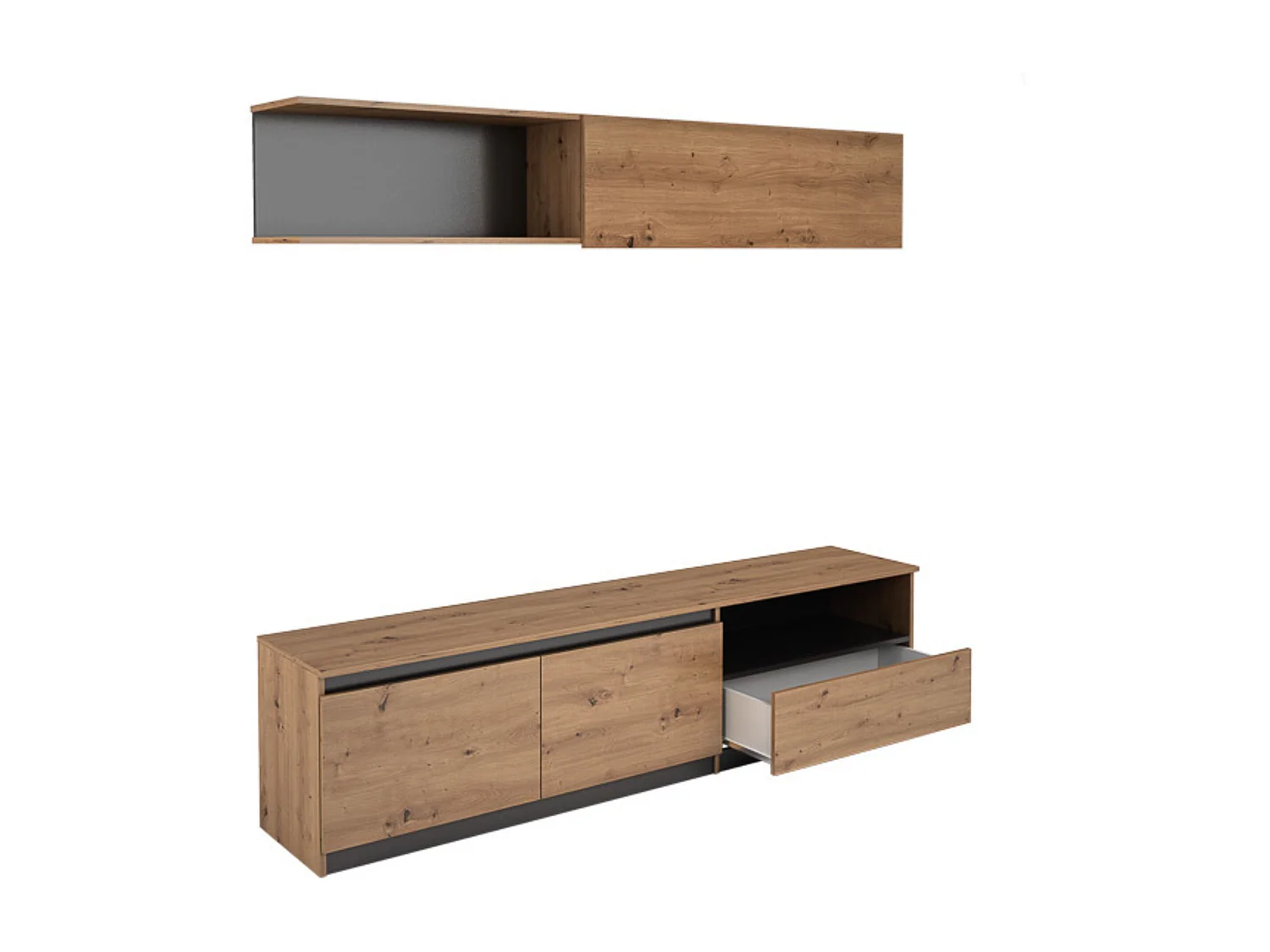 Mueble de TV de Diseño + Modulo Alto de Almacenamiento y 2 Puertas,Roble y Gris 85 cm(Alto) x 200cm (Ancho) x 40cm (Fondo)