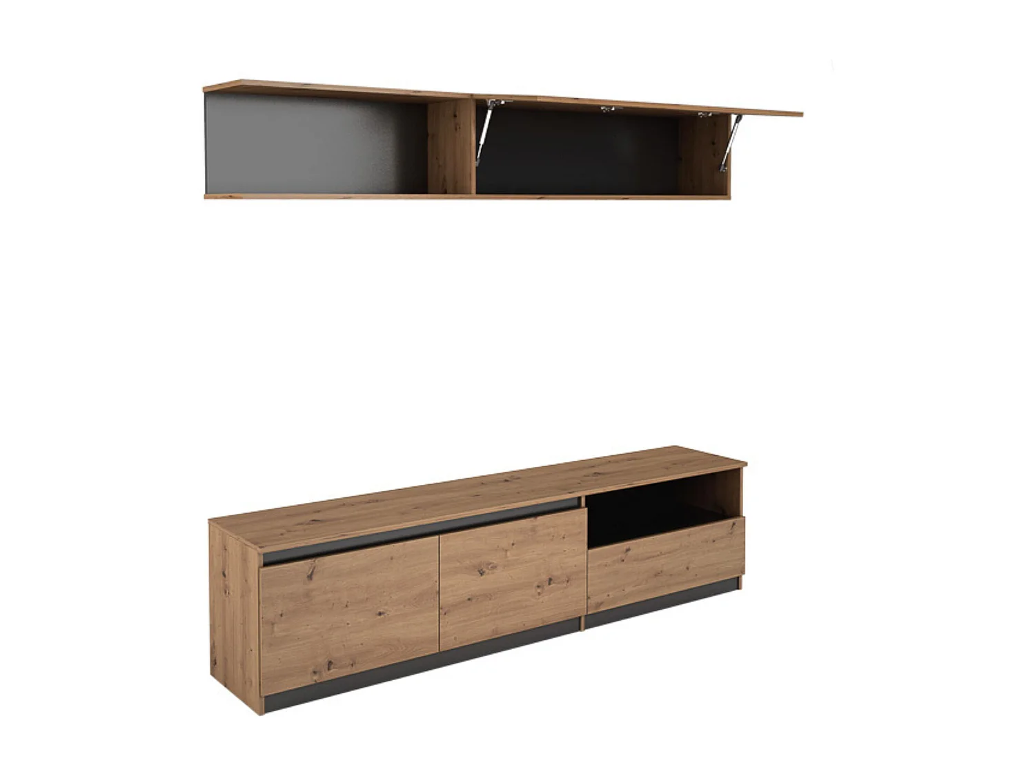Mueble de TV de Diseño + Modulo Alto de Almacenamiento y 2 Puertas,Roble y Gris 85 cm(Alto) x 200cm (Ancho) x 40cm (Fondo)