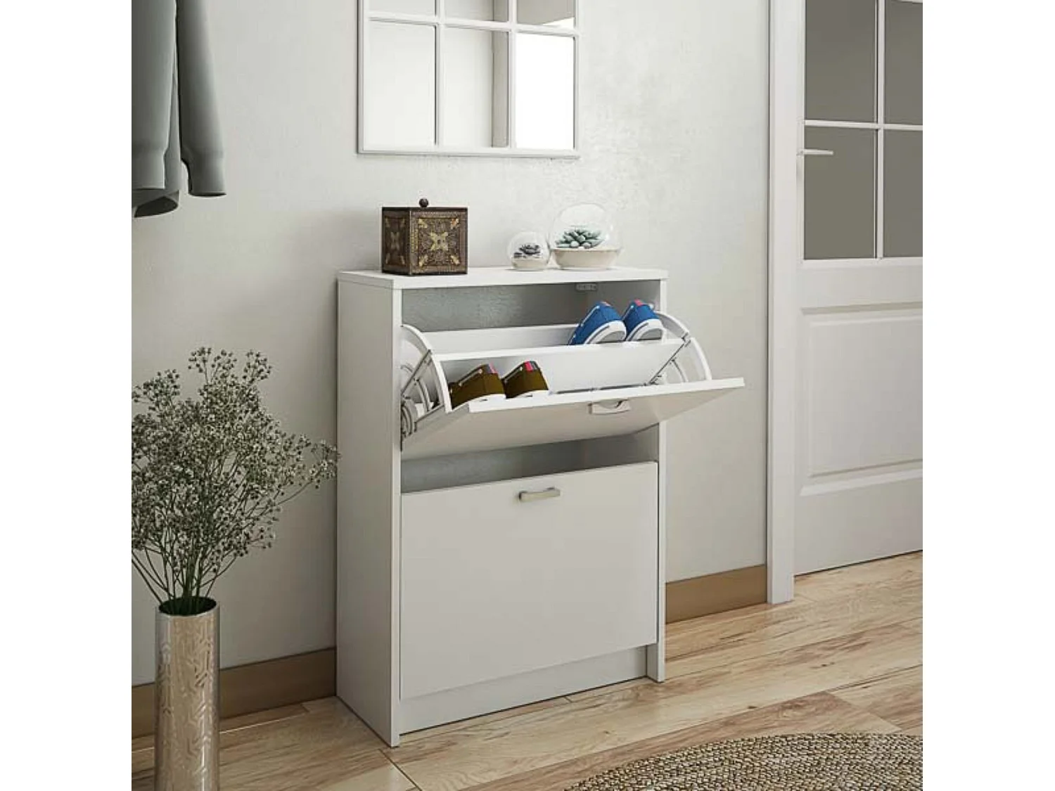 Zapatero Recibidor Blanco – Mueble Auxiliar Estrecho con 2 Puertas | Capacidad 12 Pares | 81,6 x 60 x 25 cm