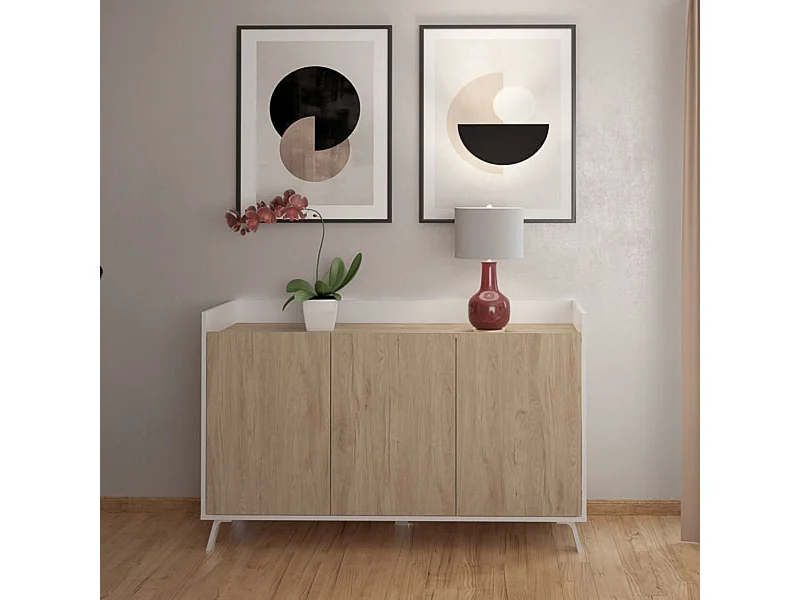 Aparador, Buffet, Salón Comedor 3 Puertas, Armario Auxiliar Color Blanco y Roble, Medidas: 140x87x40 Cm