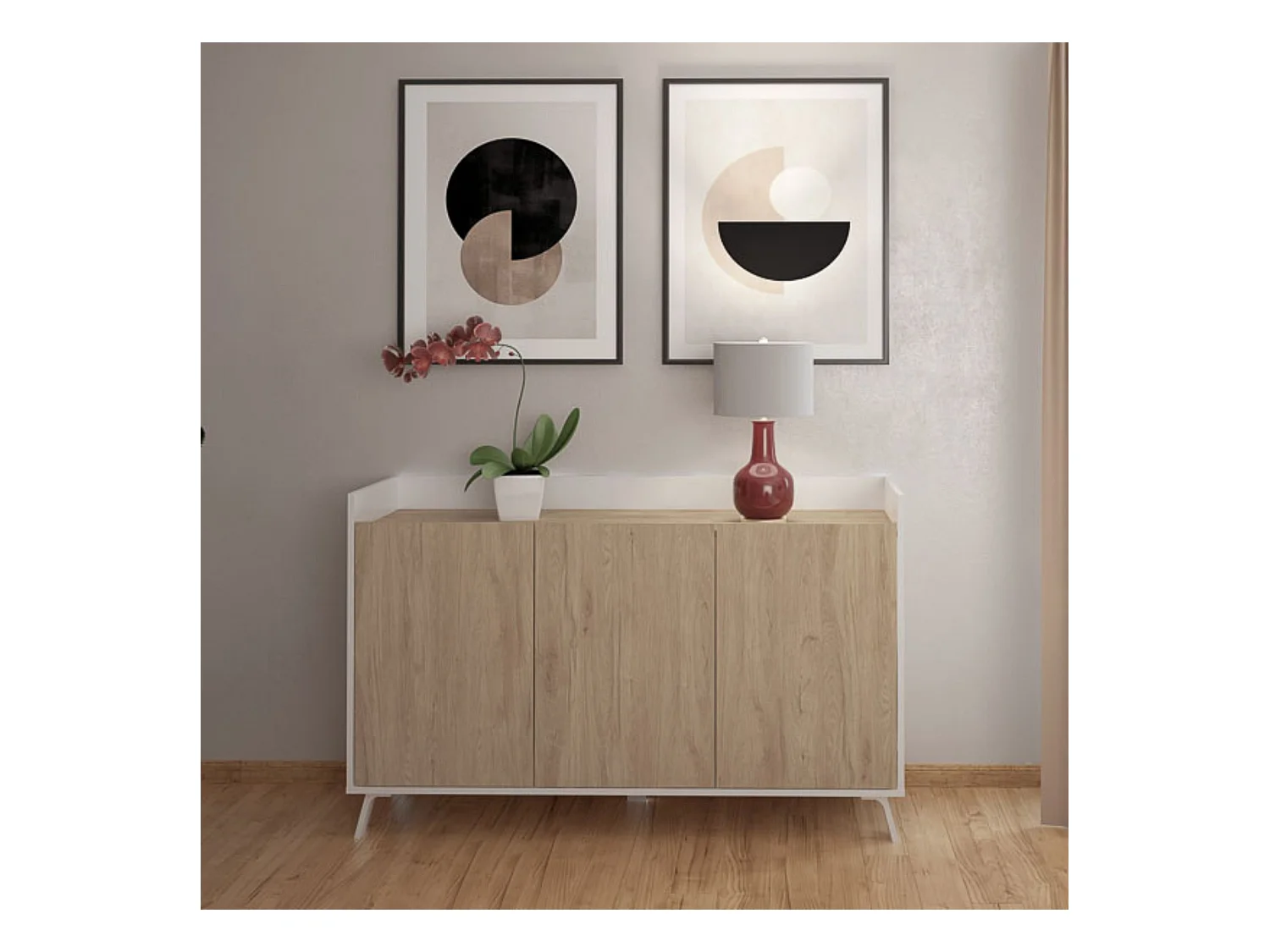 Aparador, Buffet, Salón Comedor 3 Puertas, Armario Auxiliar Color Blanco y Roble, Medidas: 140x87x40 Cm