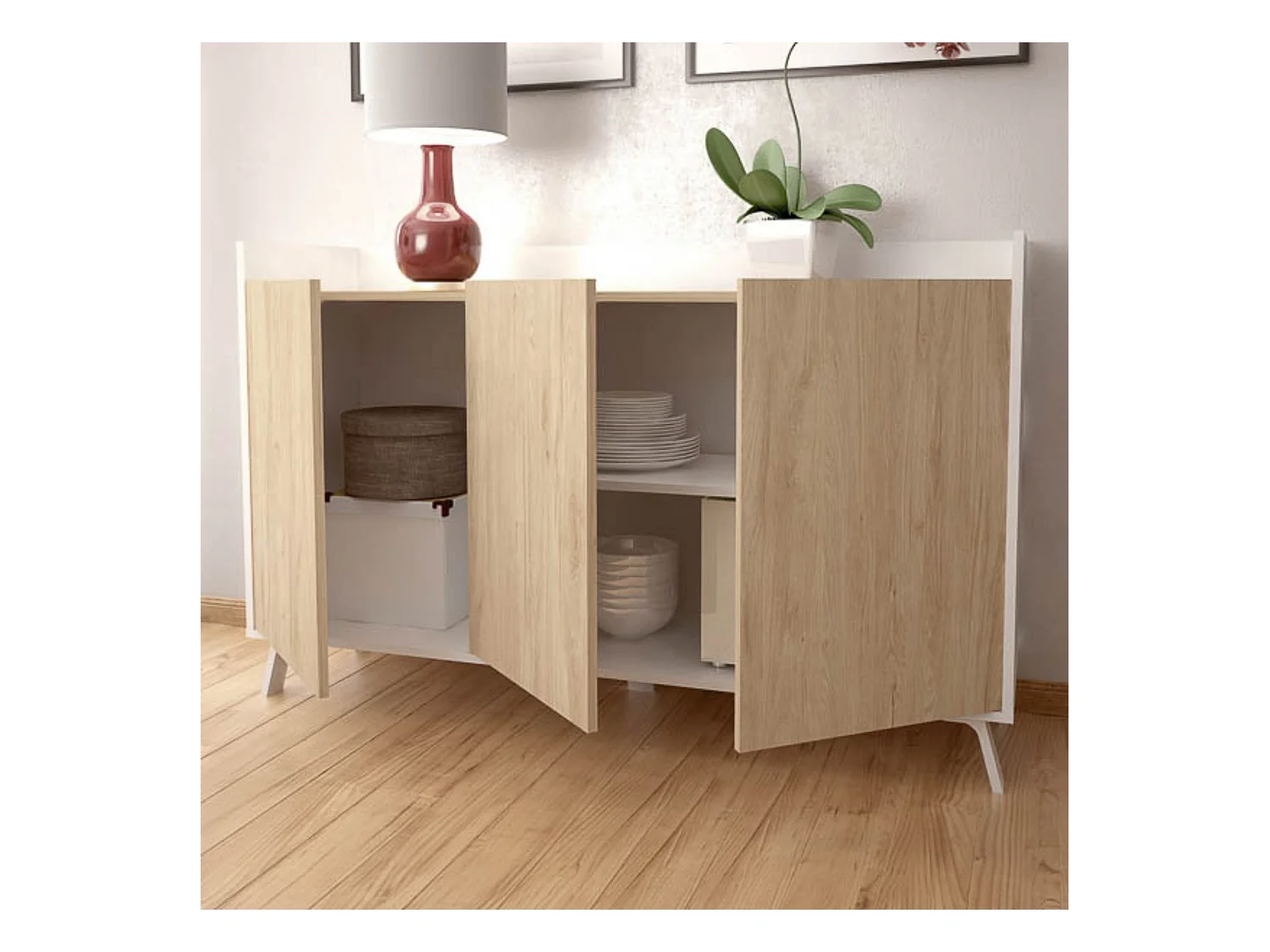 Aparador, Buffet, Salón Comedor 3 Puertas, Armario Auxiliar Color Blanco y Roble, Medidas: 140x87x40 Cm