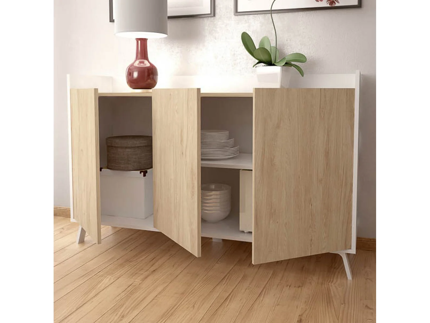 Aparador, Buffet, Salón Comedor 3 Puertas, Armario Auxiliar Color Blanco y Roble, Medidas: 140x87x40 Cm