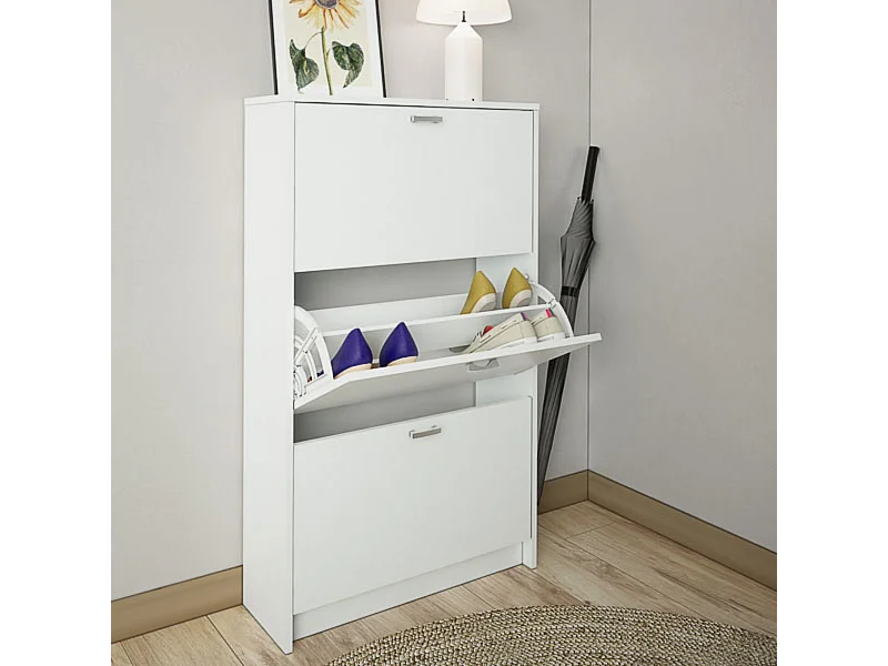 Zapatero Compacto Blanco – Mueble con 3 Puertas y Doble Profundidad | MDF con Acabado Melamina | 70 x 25 x 120 cm