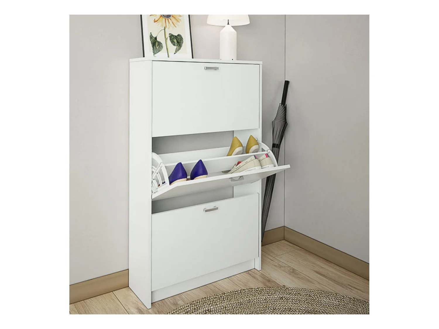 Zapatero Compacto Blanco – Mueble con 3 Puertas y Doble Profundidad | MDF con Acabado Melamina | 70 x 25 x 120 cm