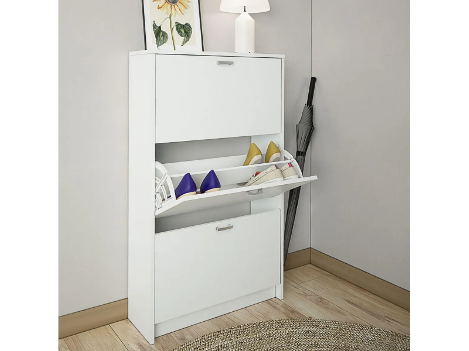 Zapatero Compacto Blanco – Mueble con 3 Puertas y Doble Profundidad | MDF con Acabado Melamina | 70 x 25 x 120 cm