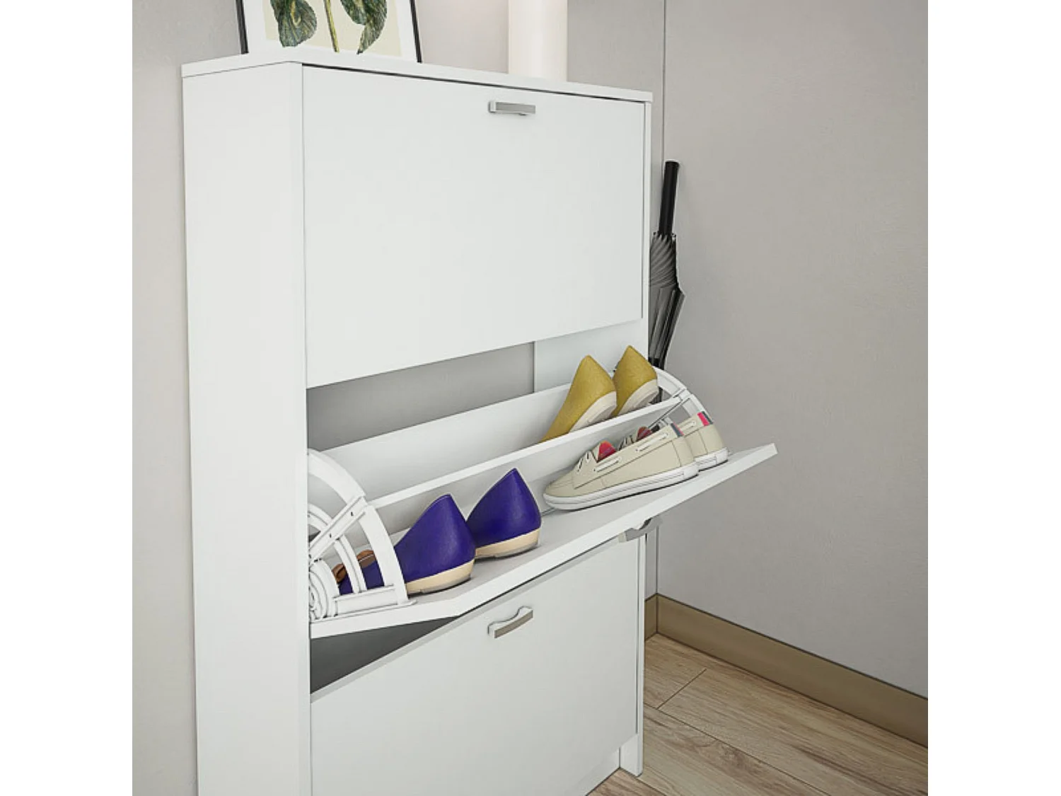 Zapatero Compacto Blanco – Mueble con 3 Puertas y Doble Profundidad | MDF con Acabado Melamina | 70 x 25 x 120 cm