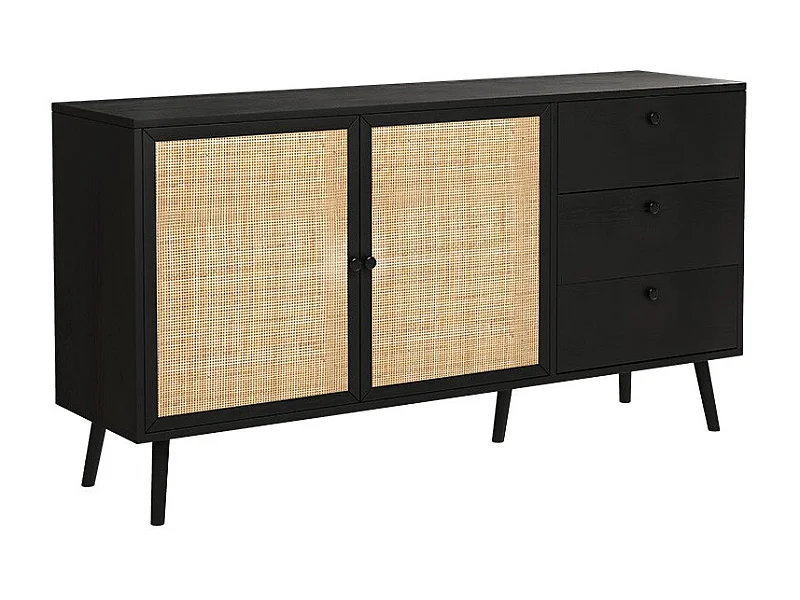 Buffet de Ratán Negro Natural con 3 Cajones y 2 Puertas - 150x39x79 cm - Elegante Almacenamiento para Salón.