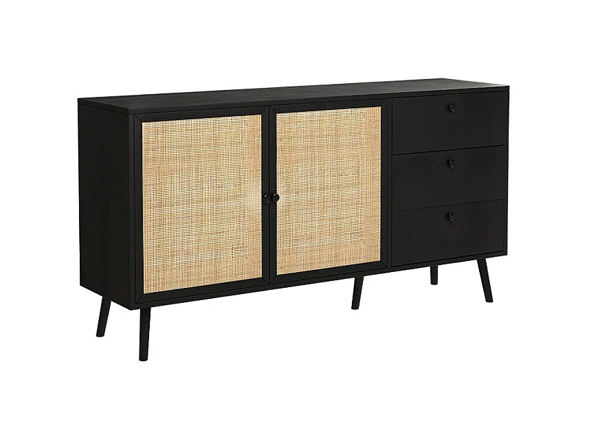 Buffet de Ratán Negro Natural con 3 Cajones y 2 Puertas - 150x39x79 cm - Elegante Almacenamiento para Salón.