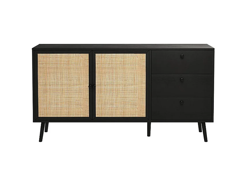 Buffet de Ratán Negro Natural con 3 Cajones y 2 Puertas - 150x39x79 cm - Elegante Almacenamiento para Salón.