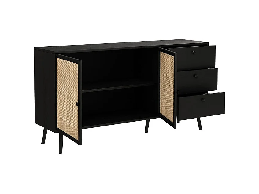 Buffet de Ratán Negro Natural con 3 Cajones y 2 Puertas - 150x39x79 cm - Elegante Almacenamiento para Salón.