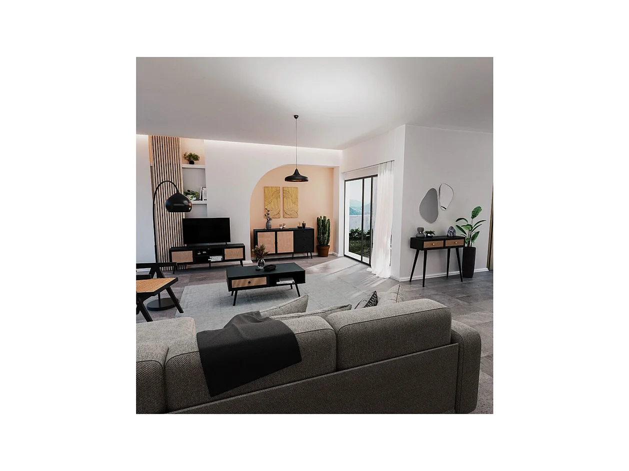 Buffet de Ratán Negro Natural con 3 Cajones y 2 Puertas - 150x39x79 cm - Elegante Almacenamiento para Salón.