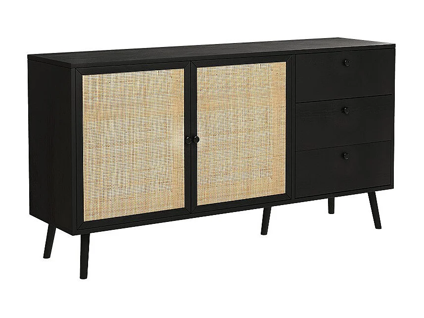 Buffet de Ratán Negro Natural con 3 Cajones y 2 Puertas - 150x39x79 cm - Elegante Almacenamiento para Salón.
