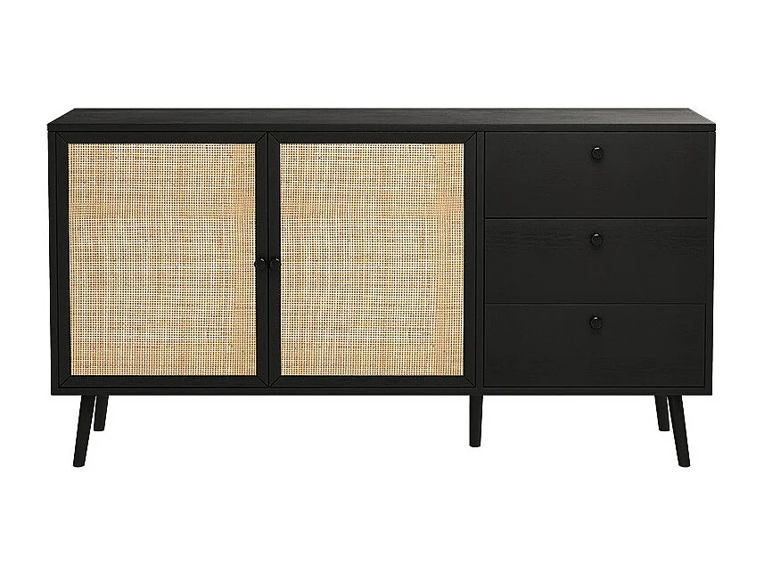 Buffet de Ratán Negro Natural con 3 Cajones y 2 Puertas - 150x39x79 cm - Elegante Almacenamiento para Salón.