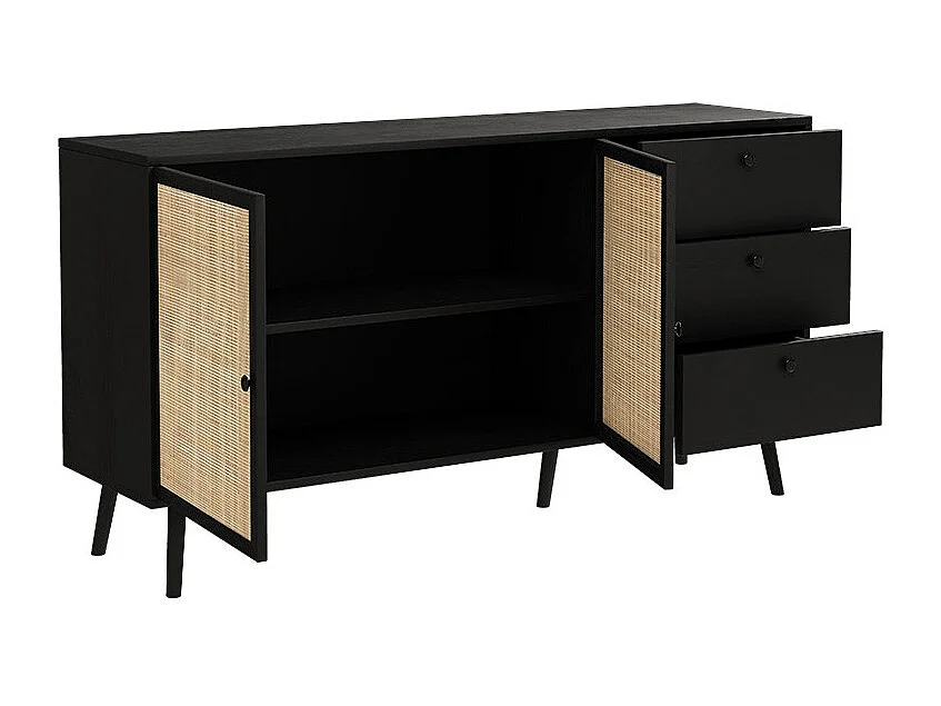 Buffet de Ratán Negro Natural con 3 Cajones y 2 Puertas - 150x39x79 cm - Elegante Almacenamiento para Salón.