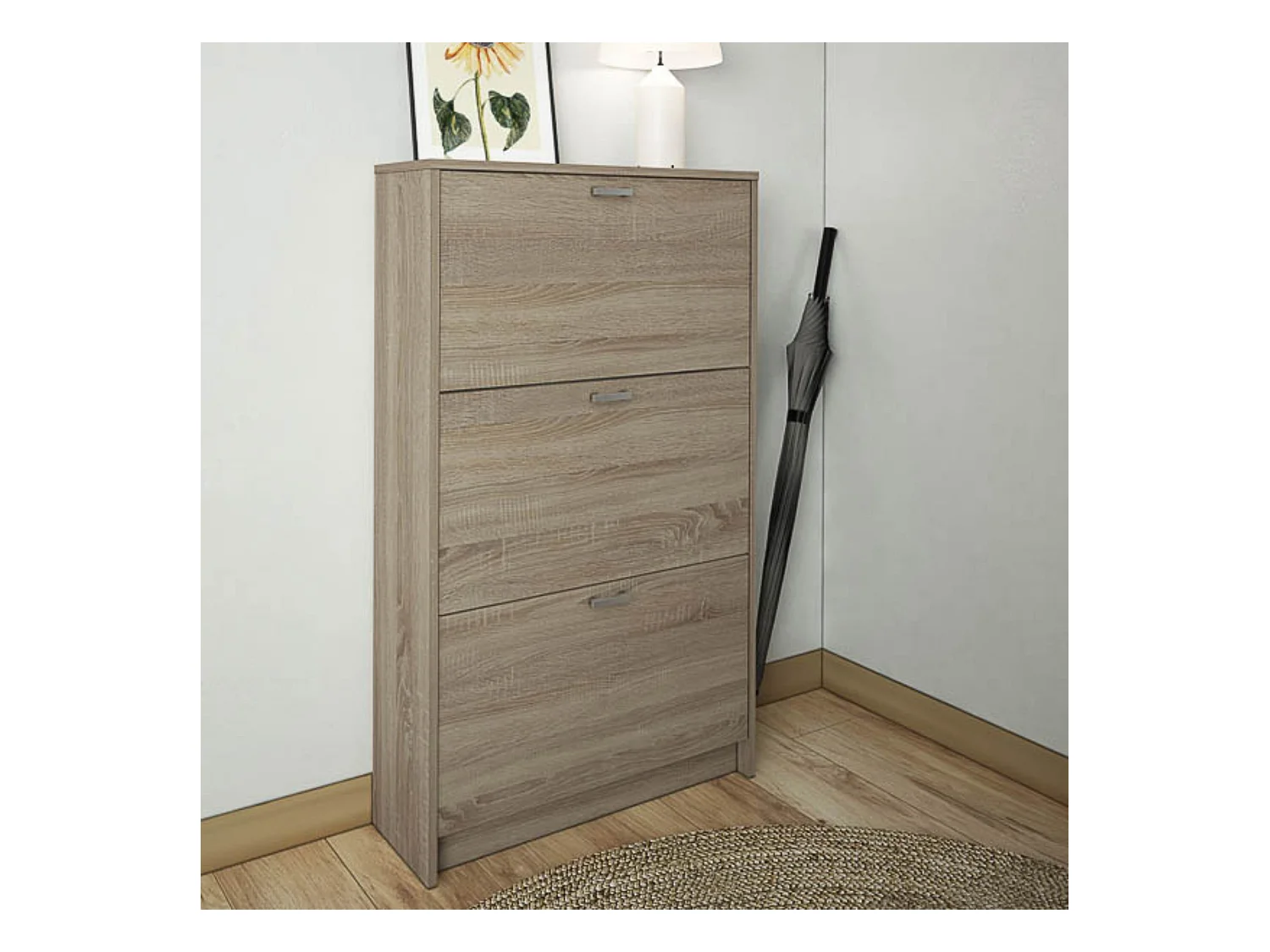 Zapatero Compacto Roble – Mueble con 3 Puertas y Doble Profundidad | MDF con Acabado Melamina | 70 x 25 x 120 cm