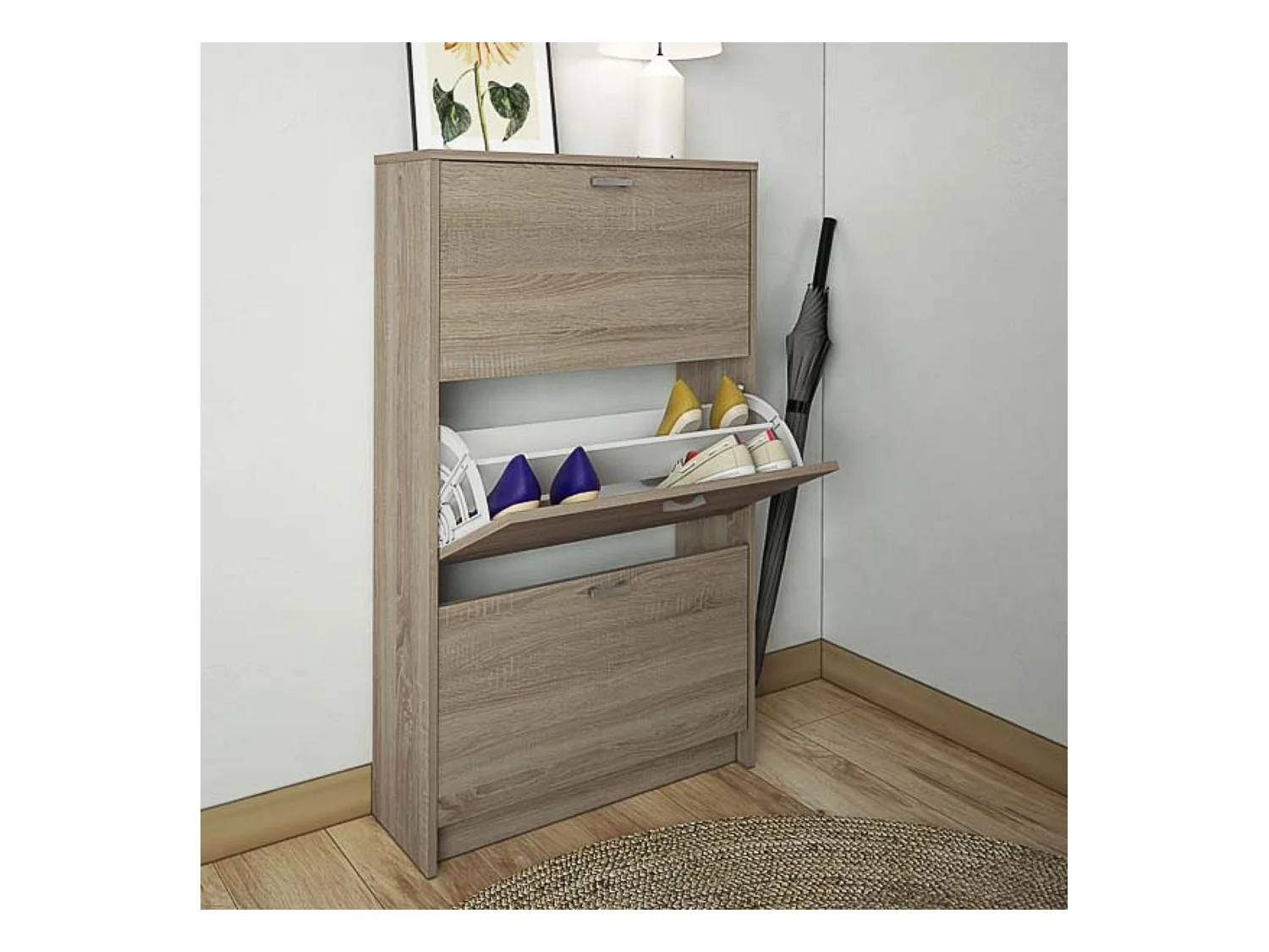 Zapatero Compacto Roble – Mueble con 3 Puertas y Doble Profundidad | MDF con Acabado Melamina | 70 x 25 x 120 cm