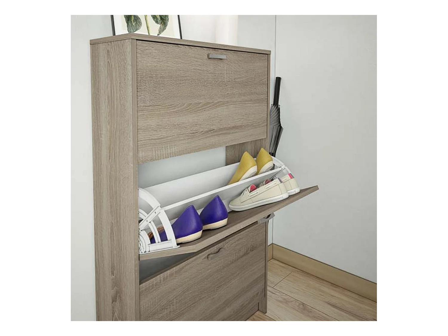 Zapatero Compacto Roble – Mueble con 3 Puertas y Doble Profundidad | MDF con Acabado Melamina | 70 x 25 x 120 cm