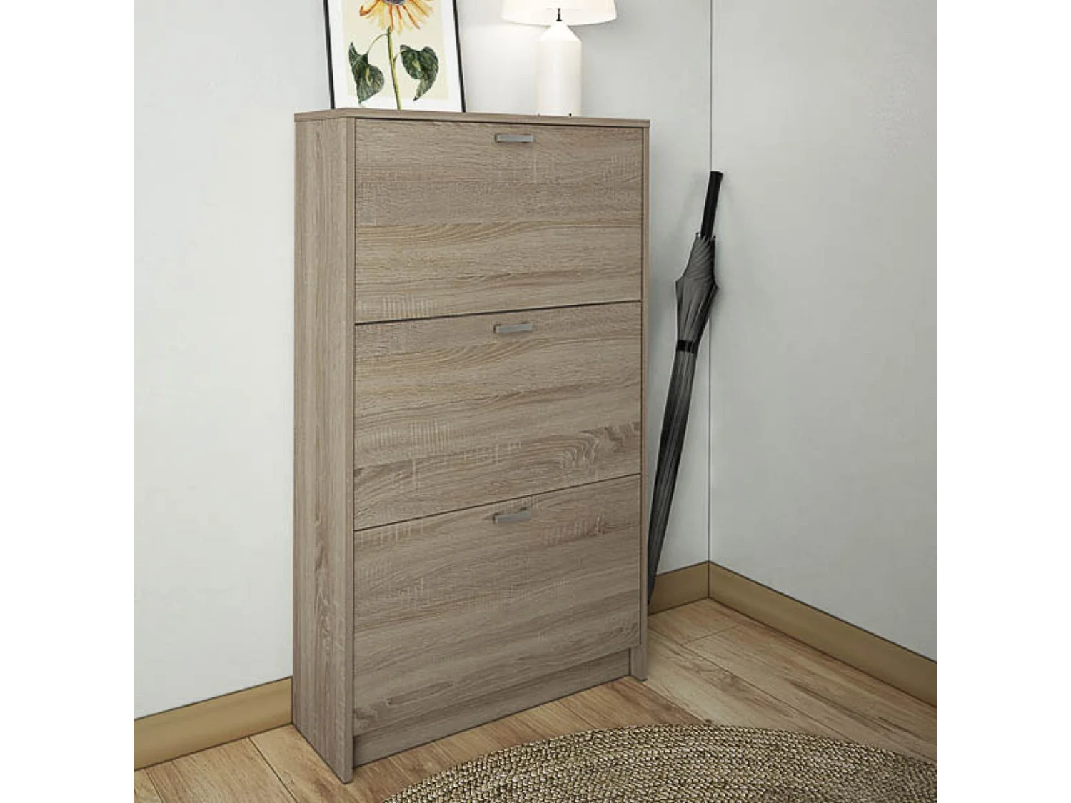 Zapatero Compacto Roble – Mueble con 3 Puertas y Doble Profundidad | MDF con Acabado Melamina | 70 x 25 x 120 cm