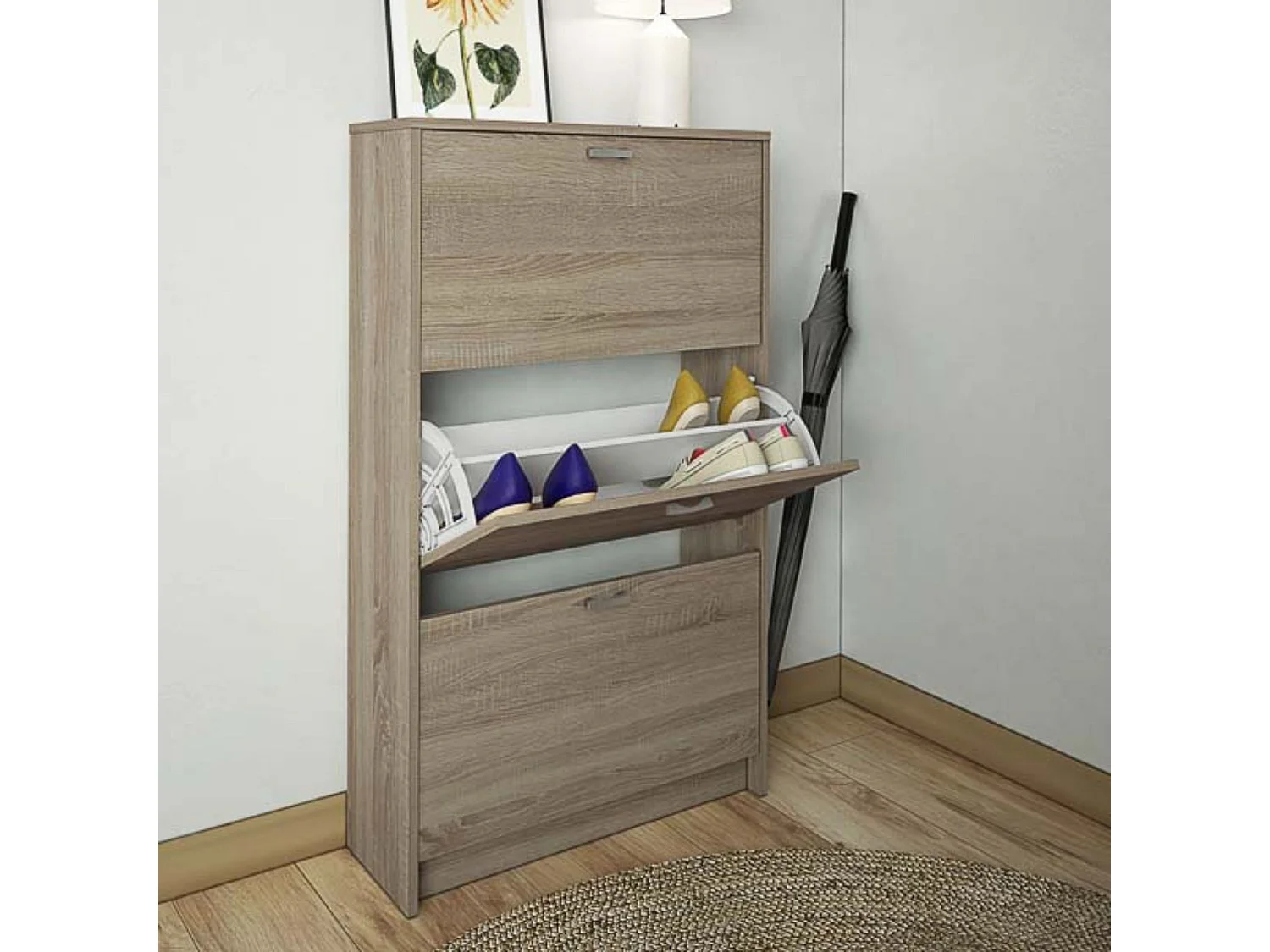 Zapatero Compacto Roble – Mueble con 3 Puertas y Doble Profundidad | MDF con Acabado Melamina | 70 x 25 x 120 cm