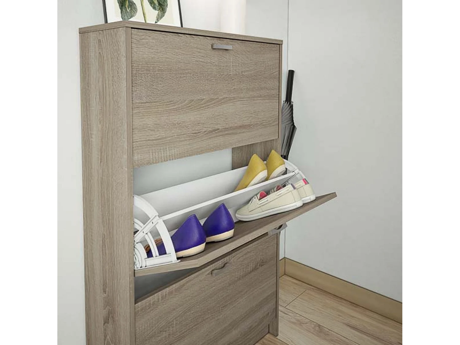 Zapatero Compacto Roble – Mueble con 3 Puertas y Doble Profundidad | MDF con Acabado Melamina | 70 x 25 x 120 cm