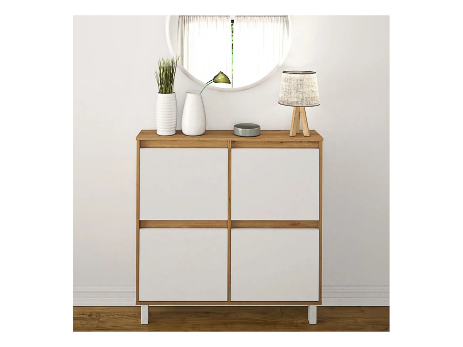 Zapatero de Melamina Roble/Blanco – 4 Puertas Abatibles | Gran Capacidad | 110 x 110 x 20 cm