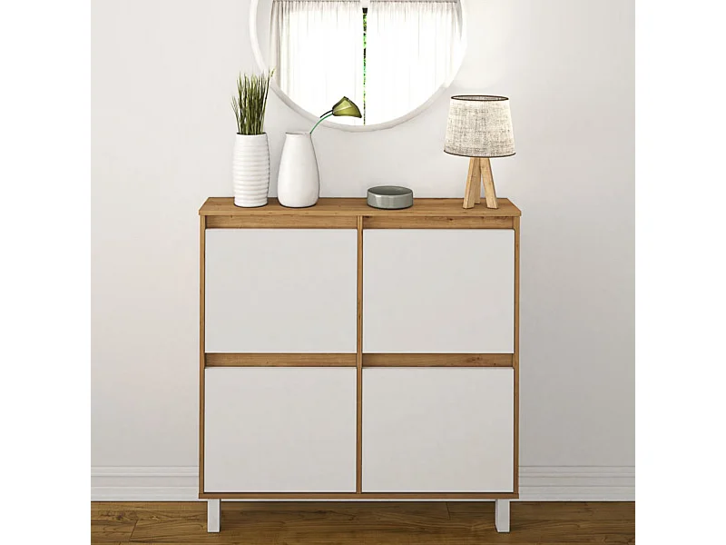 Zapatero de Melamina Roble/Blanco – 4 Puertas Abatibles | Gran Capacidad | 110 x 110 x 20 cm
