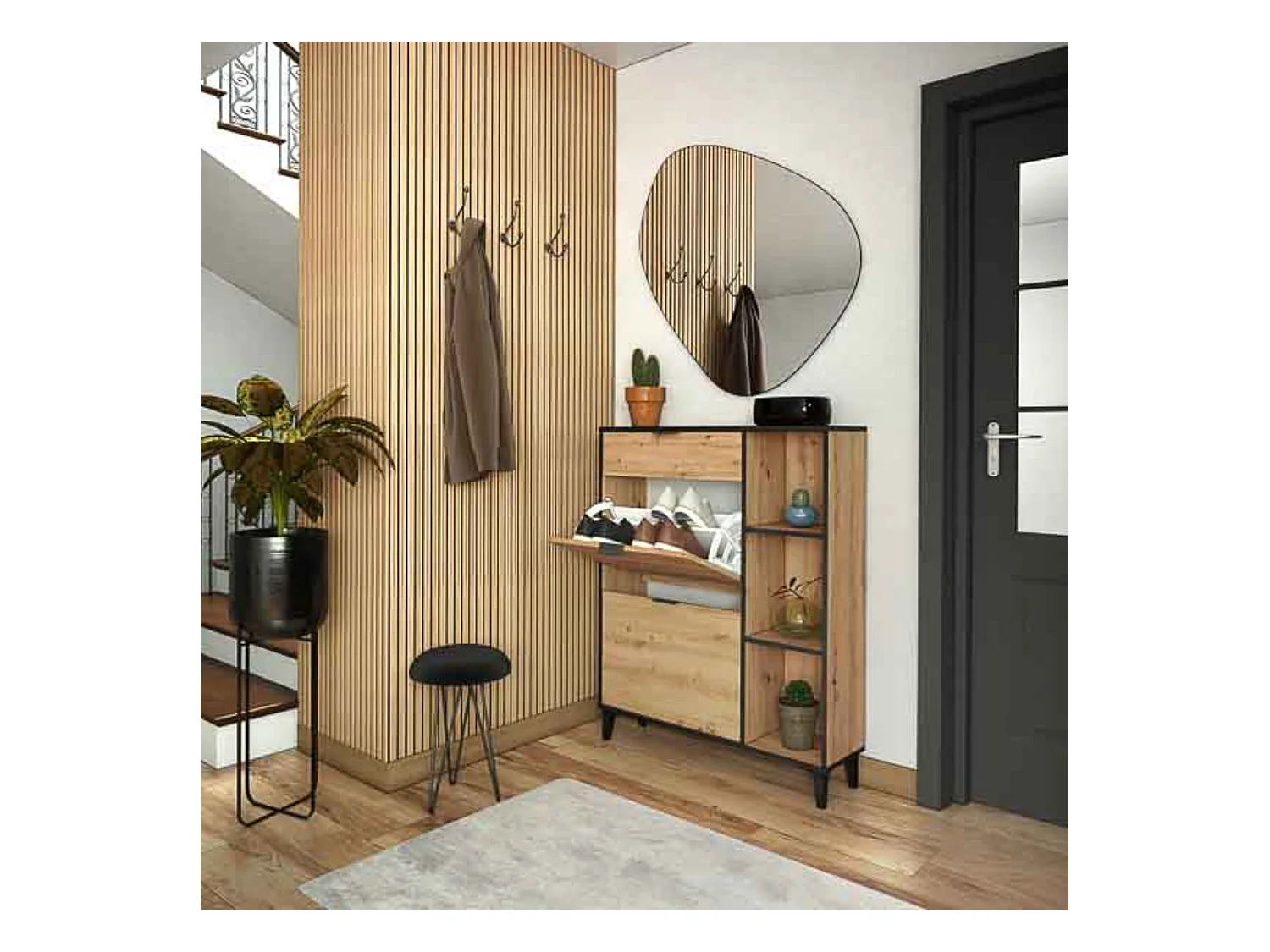 Mueble Zapatero de Entrada – 2 Puertas y 1 Cajón | Color Roble/Pizarra | 110 x 90 x 24,5 cm