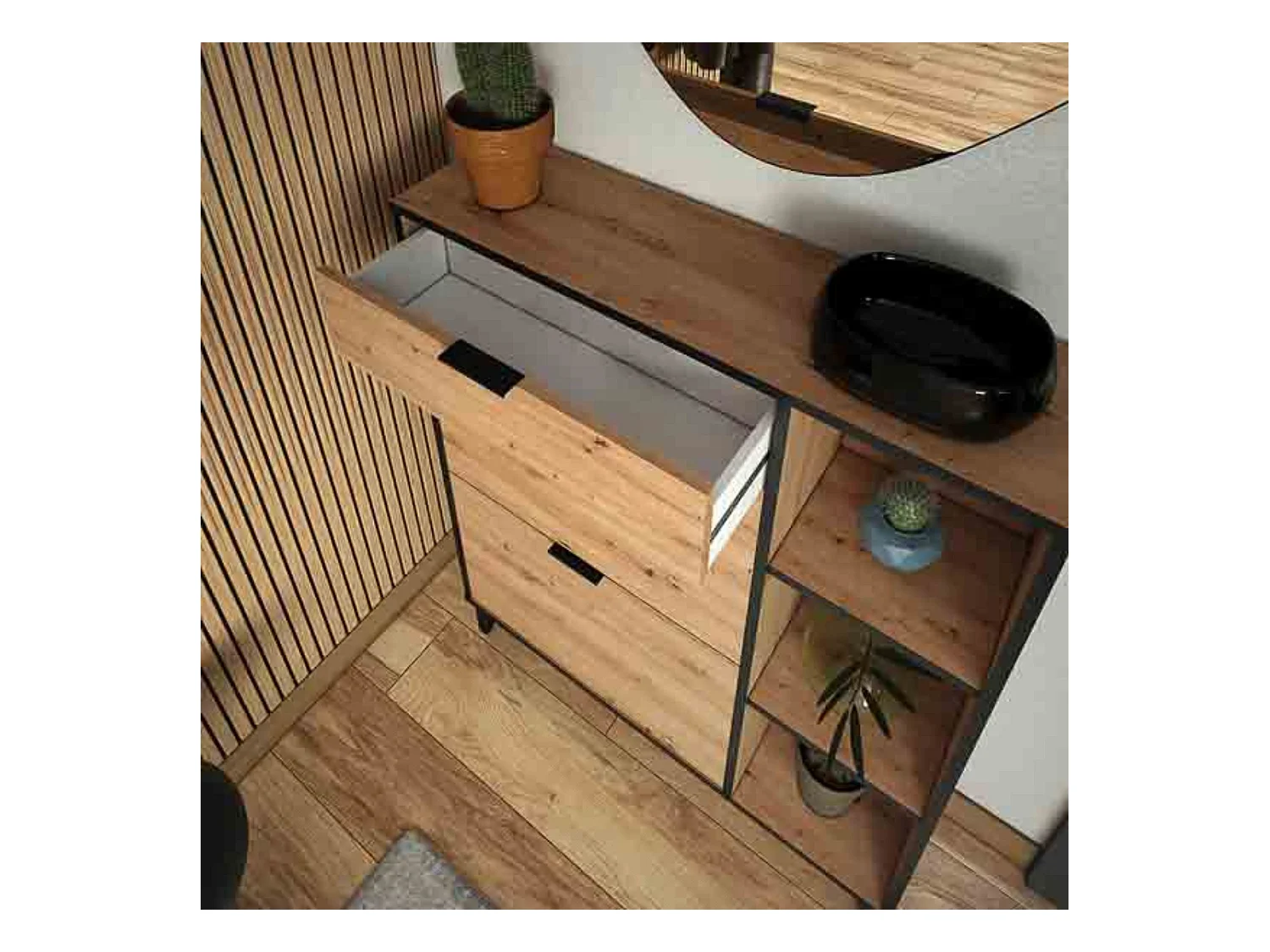 Mueble Zapatero de Entrada – 2 Puertas y 1 Cajón | Color Roble/Pizarra | 110 x 90 x 24,5 cm