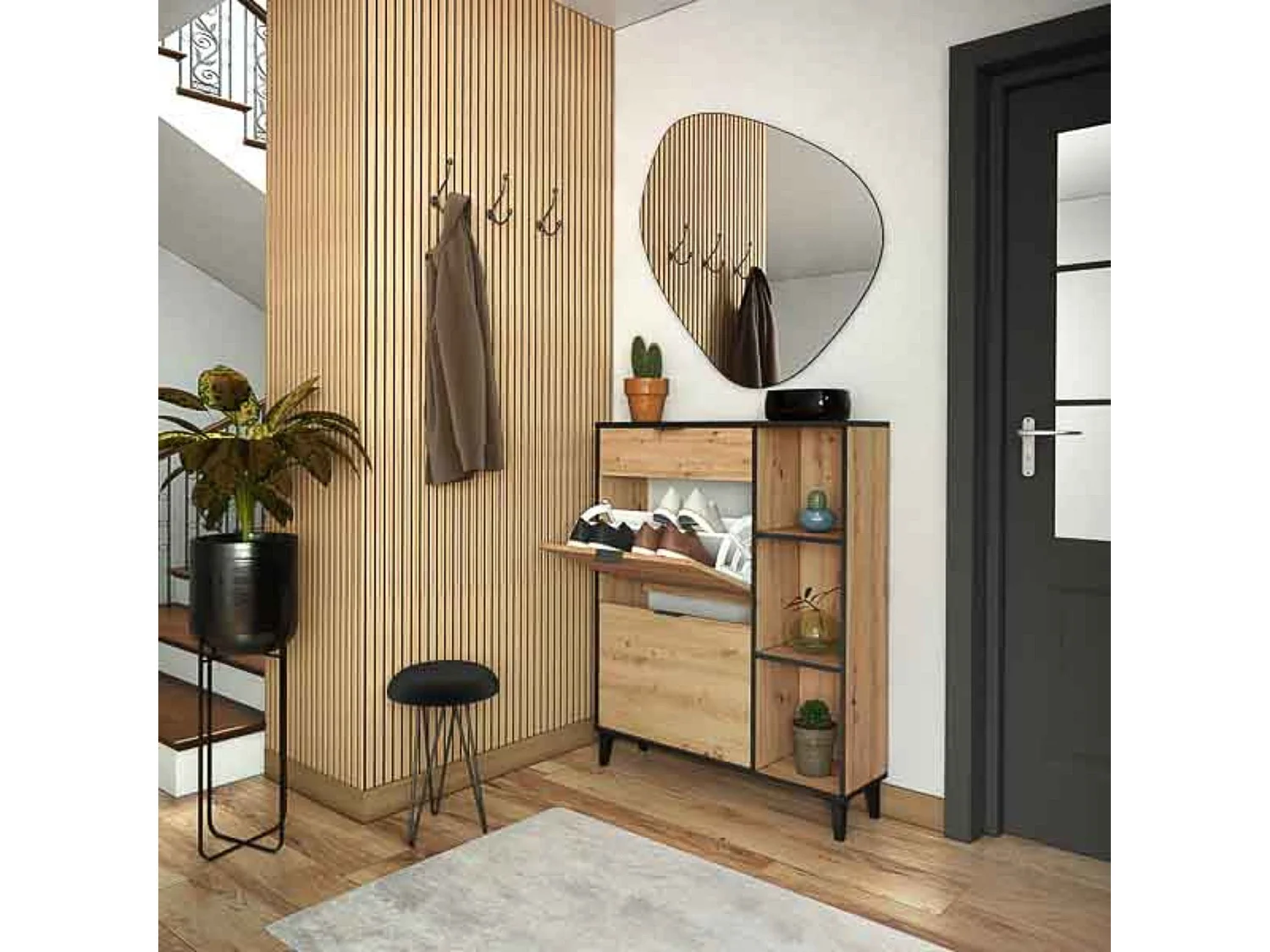 Mueble Zapatero de Entrada – 2 Puertas y 1 Cajón | Color Roble/Pizarra | 110 x 90 x 24,5 cm