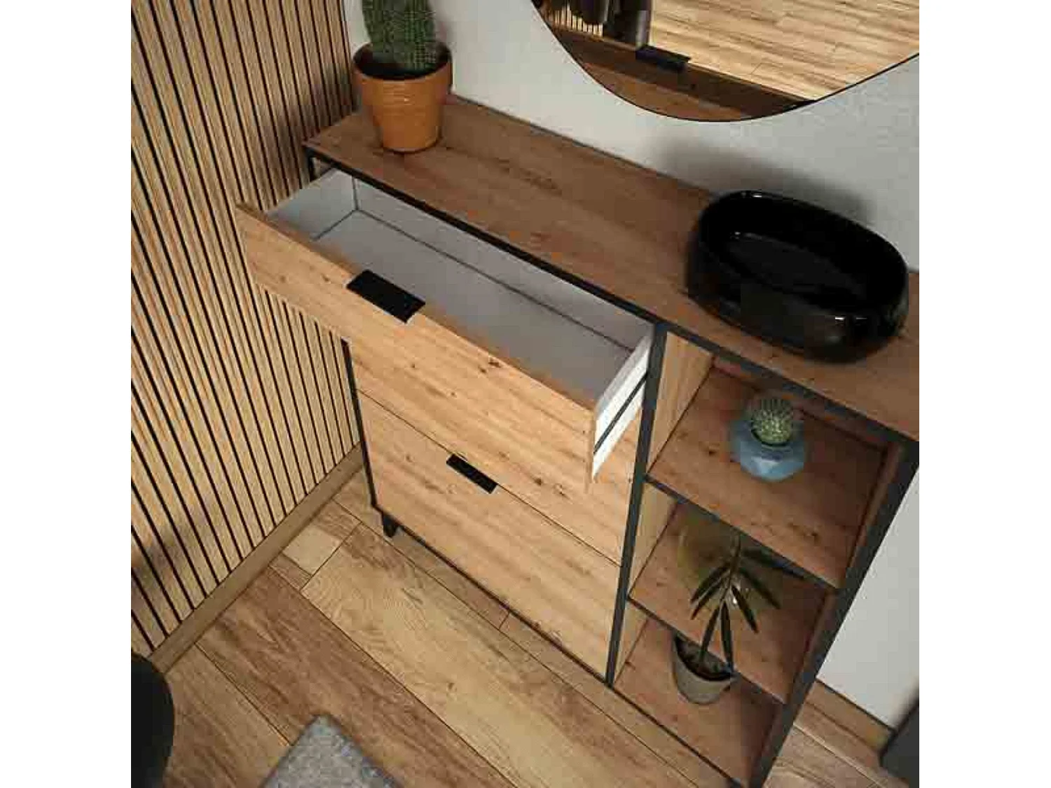 Mueble Zapatero de Entrada – 2 Puertas y 1 Cajón | Color Roble/Pizarra | 110 x 90 x 24,5 cm