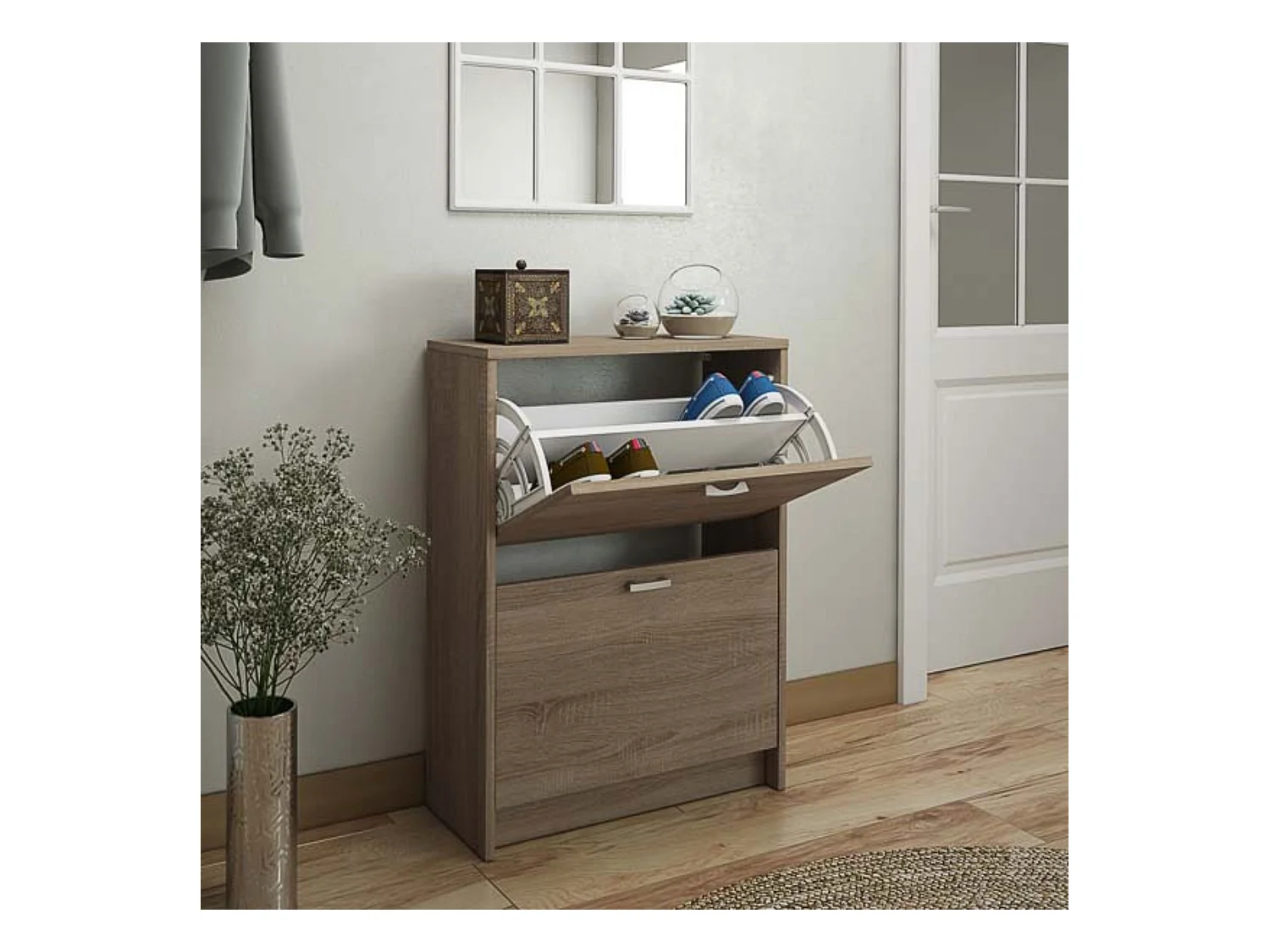 Zapatero Recibidor Roble – Mueble Auxiliar Estrecho con 2 Puertas | Capacidad 12 Pares | 81,6 x 60 x 25 cm