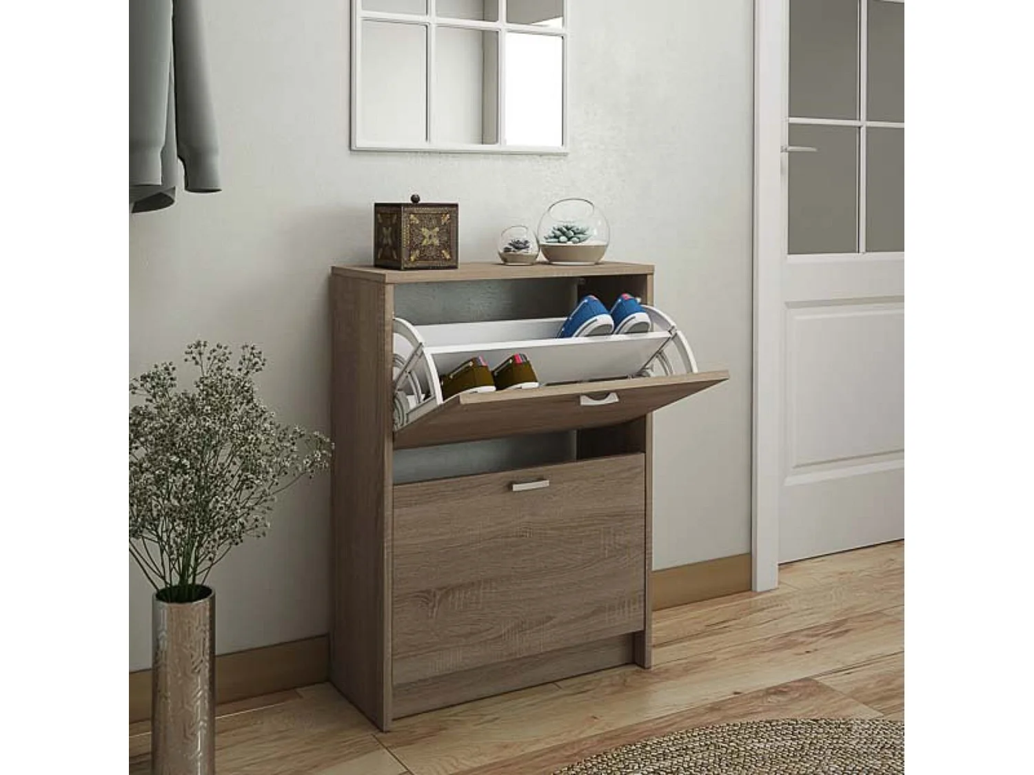 Zapatero Recibidor Roble – Mueble Auxiliar Estrecho con 2 Puertas | Capacidad 12 Pares | 81,6 x 60 x 25 cm