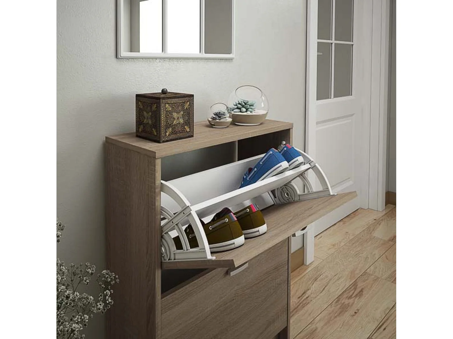 Zapatero Recibidor Roble – Mueble Auxiliar Estrecho con 2 Puertas | Capacidad 12 Pares | 81,6 x 60 x 25 cm