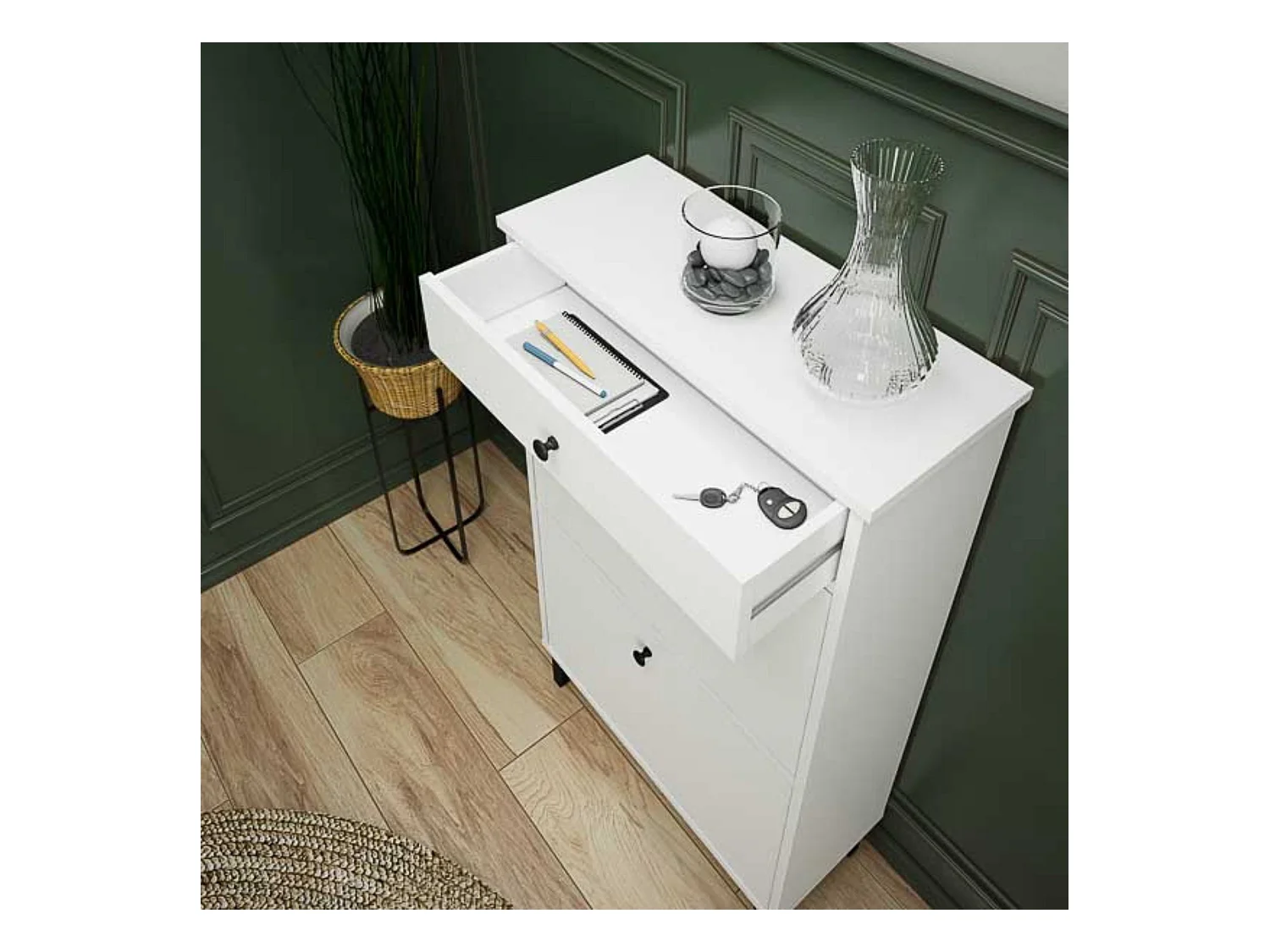 Mueble Zapatero Blanco con 2 Puertas y 1 Cajón | 61,1 x 110 x 25 cm