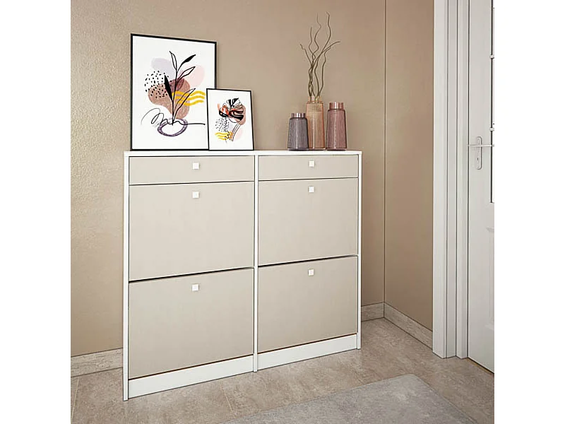 Mueble Zapatero con 4 Puertas y 2 Cajones | Acabado Blanco/Textil | 116,8 x 104,3 x 27 cm