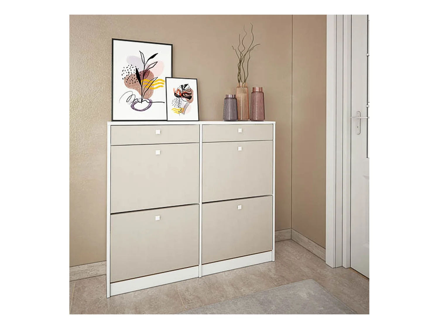 Mueble Zapatero con 4 Puertas y 2 Cajones | Acabado Blanco/Textil | 116,8 x 104,3 x 27 cm