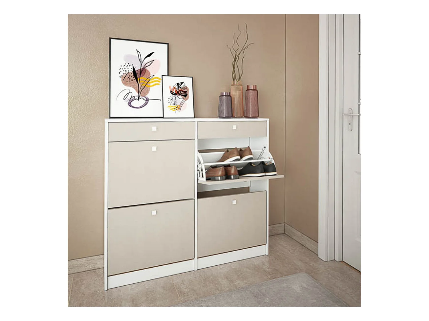 Mueble Zapatero con 4 Puertas y 2 Cajones | Acabado Blanco/Textil | 116,8 x 104,3 x 27 cm