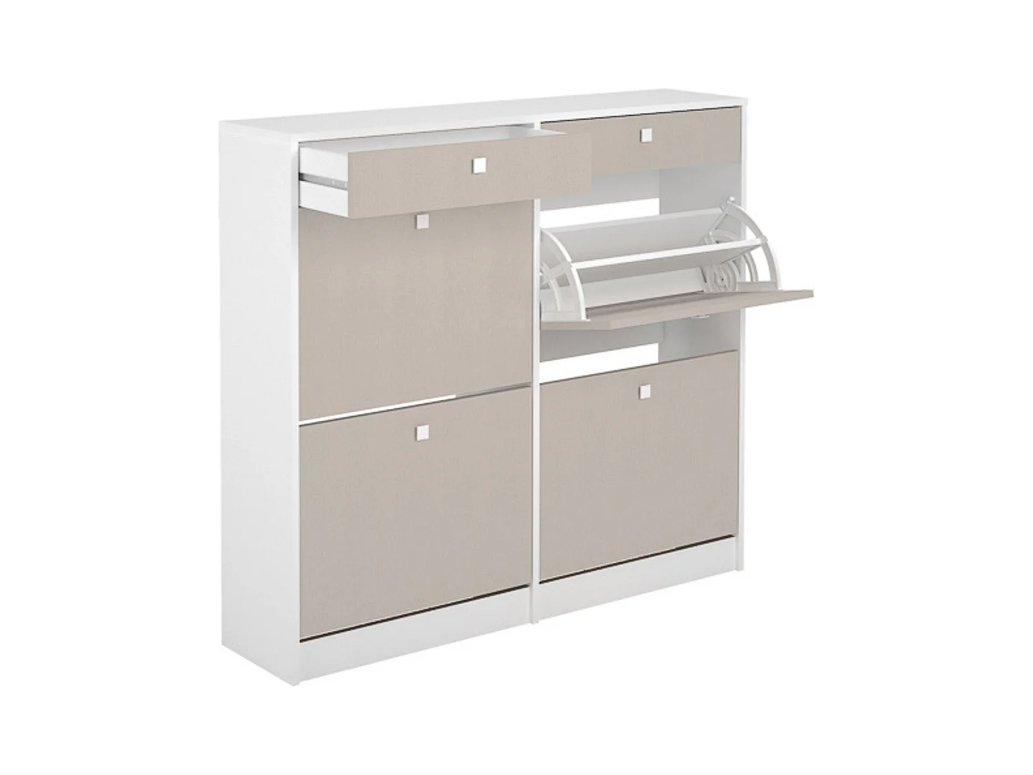 Mueble Zapatero con 4 Puertas y 2 Cajones | Acabado Blanco/Textil | 116,8 x 104,3 x 27 cm