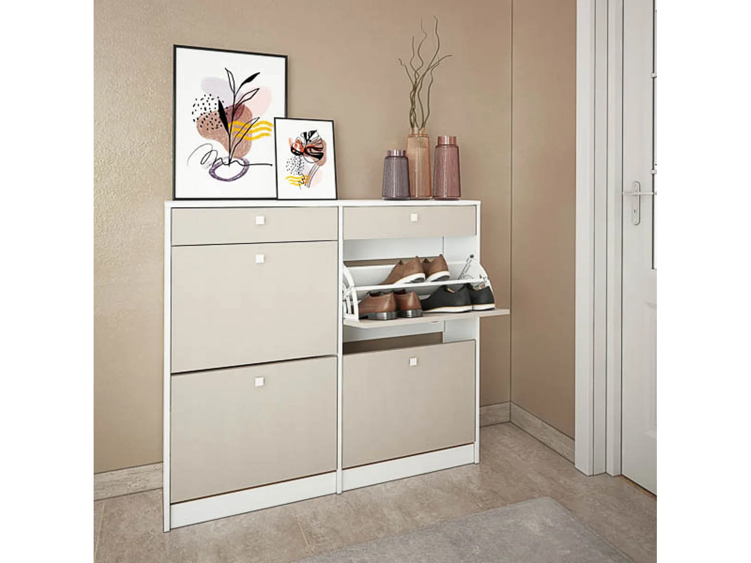 Mueble Zapatero con 4 Puertas y 2 Cajones | Acabado Blanco/Textil | 116,8 x 104,3 x 27 cm