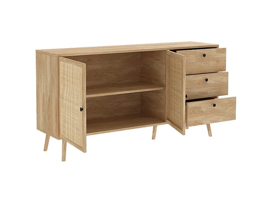 Buffet de Ratán Natural con 3 Cajones y 2 Puertas - 150x39x79 cm - Elegante Almacenamiento para Salón.