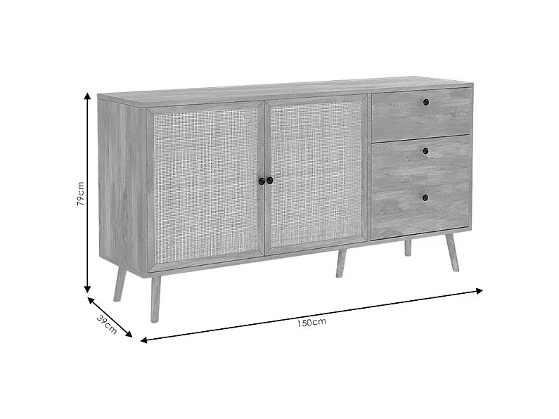Buffet de Ratán Natural con 3 Cajones y 2 Puertas - 150x39x79 cm - Elegante Almacenamiento para Salón.