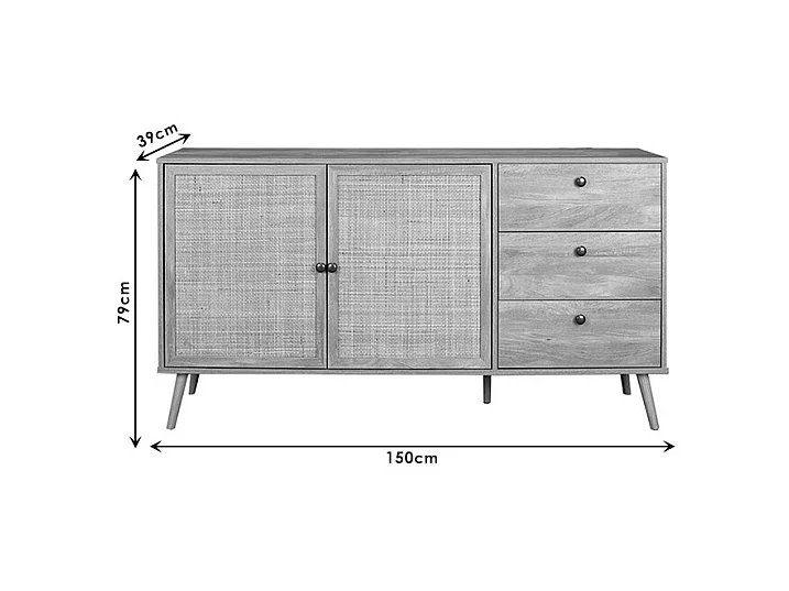 Buffet de Ratán Natural con 3 Cajones y 2 Puertas - 150x39x79 cm - Elegante Almacenamiento para Salón.