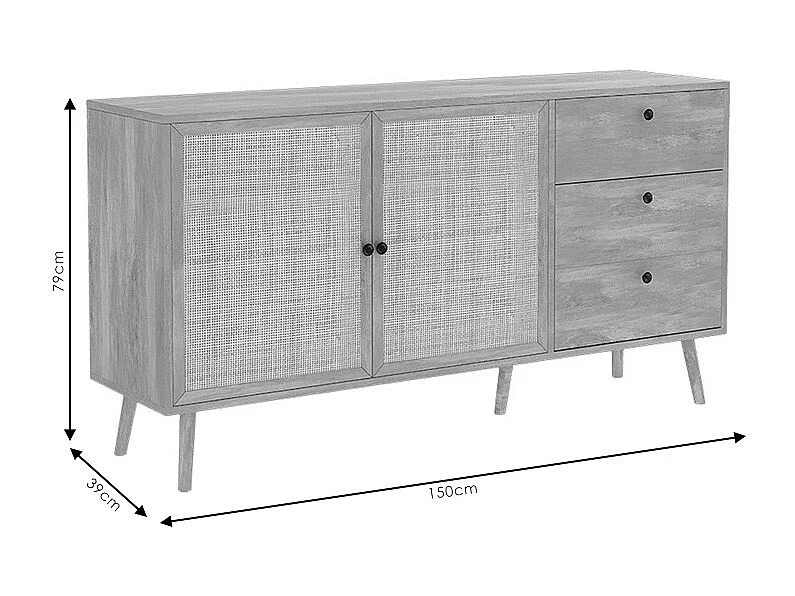 Buffet de Ratán Natural con 3 Cajones y 2 Puertas - 150x39x79 cm - Elegante Almacenamiento para Salón.