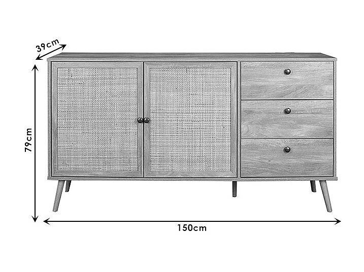 Buffet de Ratán Natural con 3 Cajones y 2 Puertas - 150x39x79 cm - Elegante Almacenamiento para Salón.